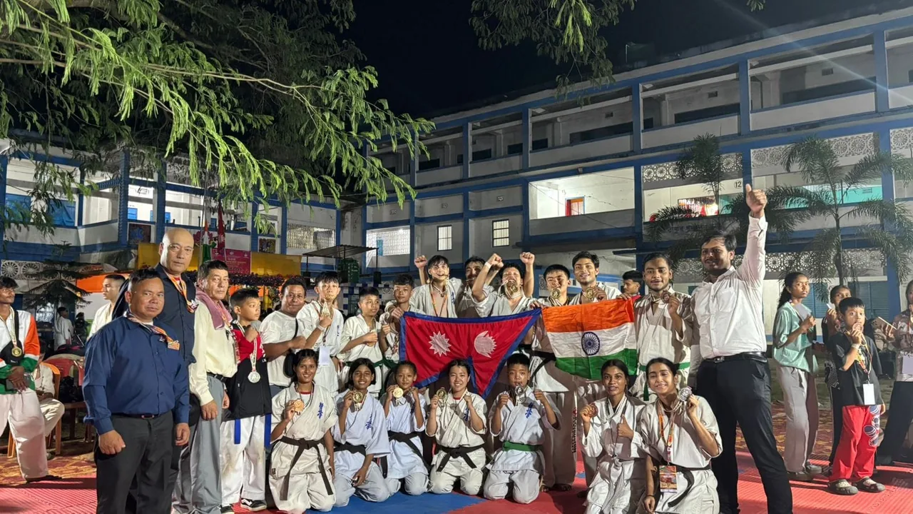Martial arts participants and mentors at a group medal photograph